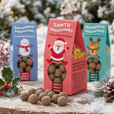 Three colorful boxes of Santa Droppings wildflower seed balls arranged on a snowy surface with holly and pinecones. The center box is red and features Santa, while the side boxes are blue and teal with Snowman and Reindeer graphics.
