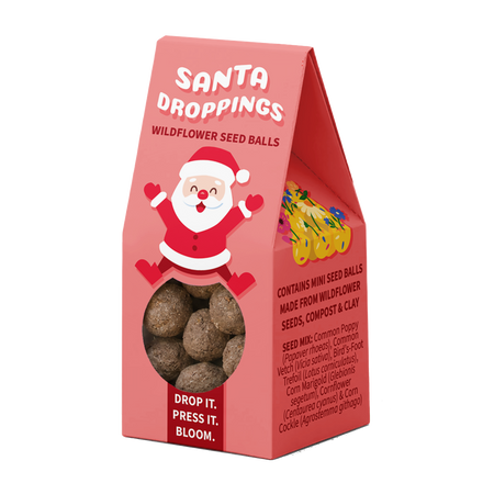 A pink triangular stand-up box labeled 'Santa Droppings Wildflower Seed Balls' with a large Santa illustration on the front, a clear window showing round seed balls inside, and product text on the side. The box is photographed on a plain white background.