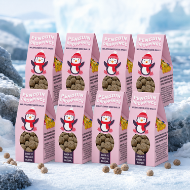 Eight pink stand-up pouches of Penguin Droppings Wildflower Seed Balls arranged in two rows on a snowy outdoor backdrop with blue-gray rocks and scattered seed balls.