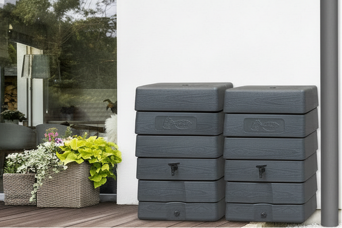 168 Litre Grey Wall Tank with Rain Trap Downpipe Connector