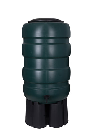 Green rainwater harvesting tank on a white background