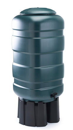 Green rainwater harvesting butt on a white background