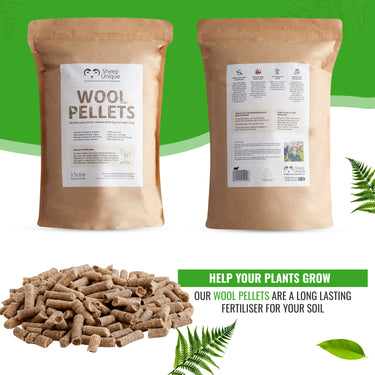 Two packages of Wool Pellets with a pile of pellets and plant leaves on a green background